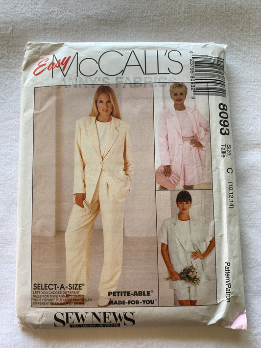 McCall's Sewing Pattern 8093 Misses'/Misses' Petite Unlined Boxy Jacket, Top, Pants, Shorts, Long/Short Sleeves, Pockets, Button Front, Size 10-14, Uncut, Vintage 1996