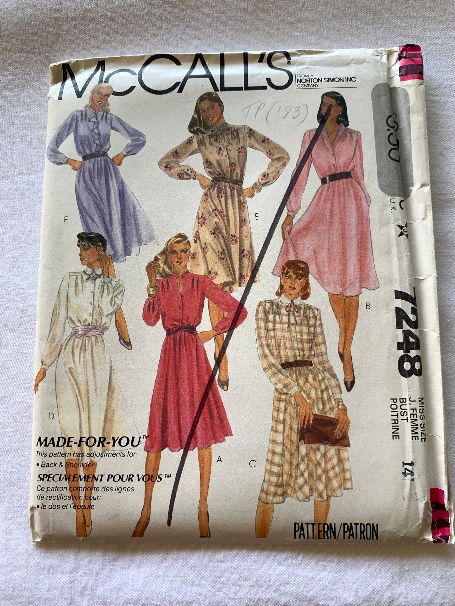 McCall's Sewing Pattern 7248 Misses' Dress, 6 Variations, Loose-Fitting, Pullover, Long Sleeves, Size 14, Vintage 1980