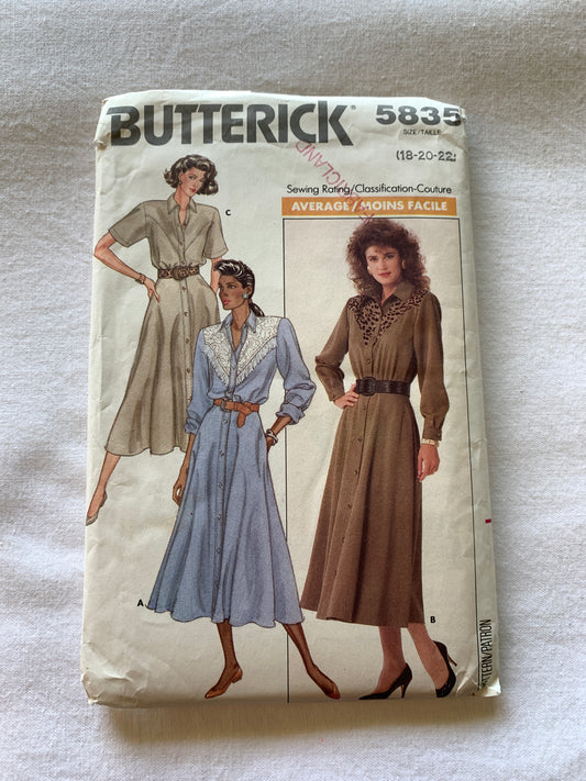 Butterick Sewing Pattern 5835 Misses' Dress, Button Front, Belt, Shoulder Pads, Long/Short Sleeves, Pocket, Size 18-22, Vintage 1987
