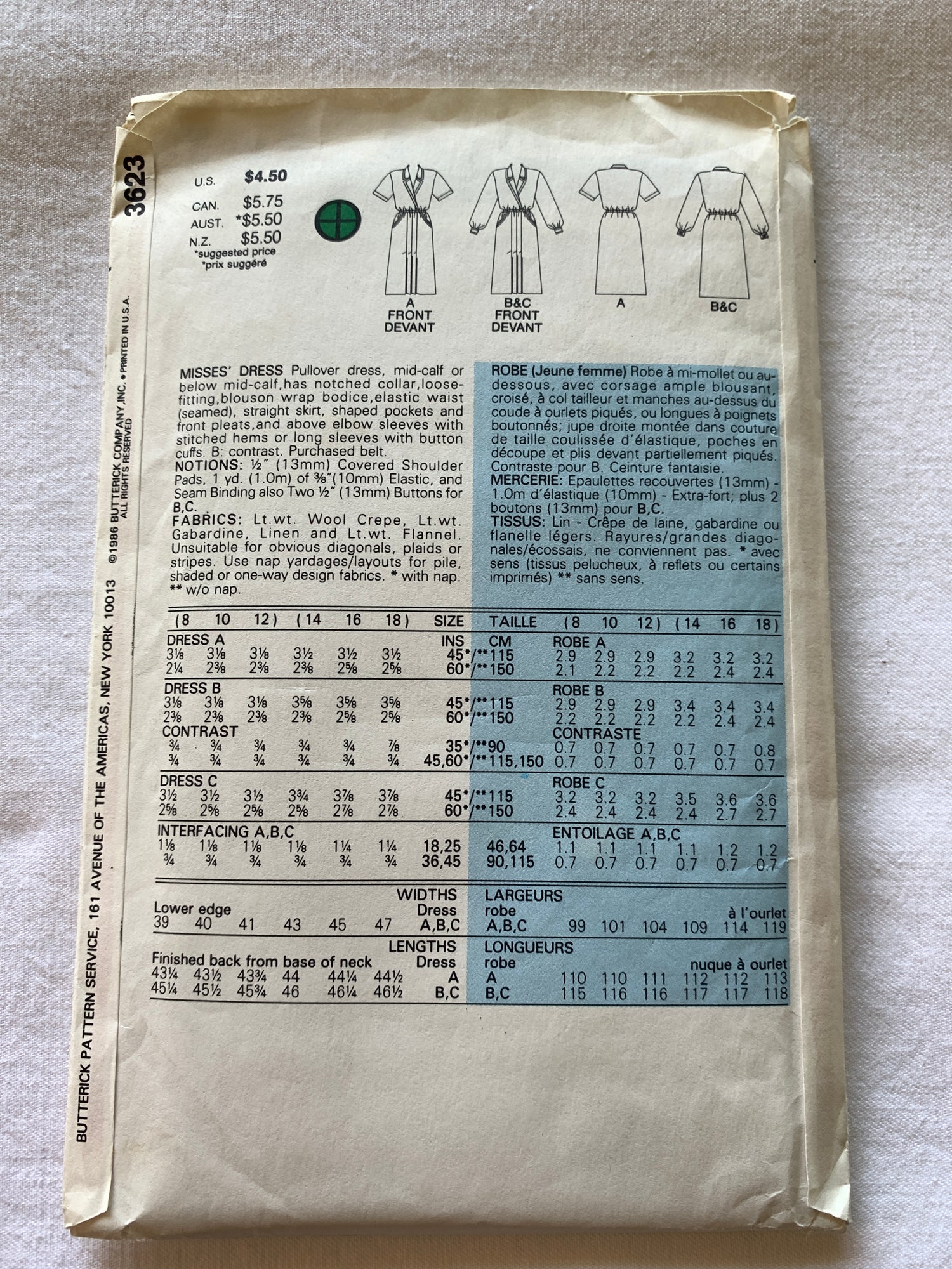 Butterick Sewing Pattern 3623 Misses' Dress, Pullover, Loose-Fitting, Pleats, Size 6-12, Uncut, Vintage 1996