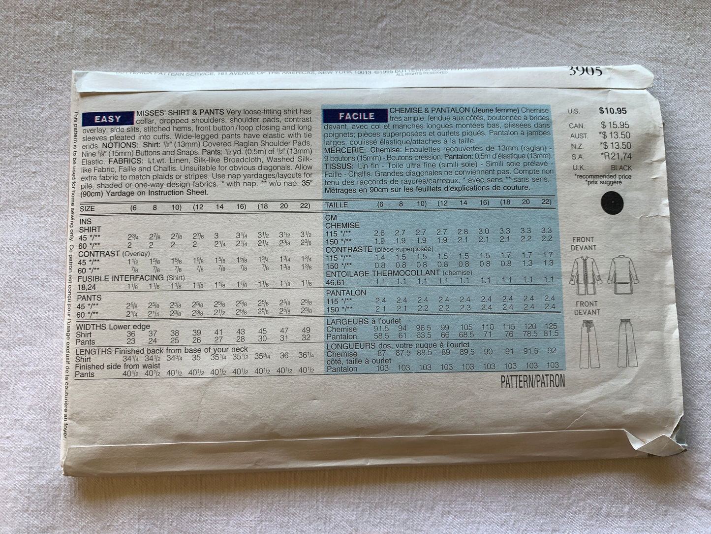 Butterick Sewing Pattern David Warren 3905 Misses' Shirt, Pants, Loose-Fitting, Long Sleeves, Elastic Waist, Size 6-10, Uncut, Vintage 1995