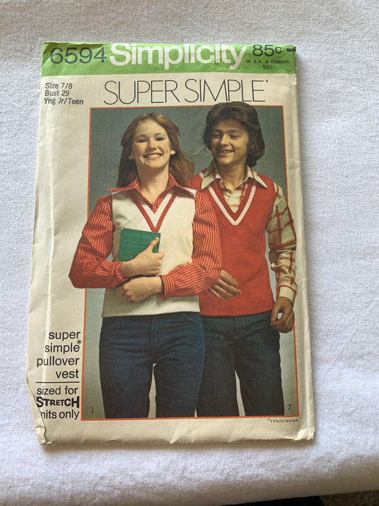 Simplicity Sewing Pattern 6594 Junior/Misses' Vest, Knit Top,Size 7-8, Uncut, Vintage 1974