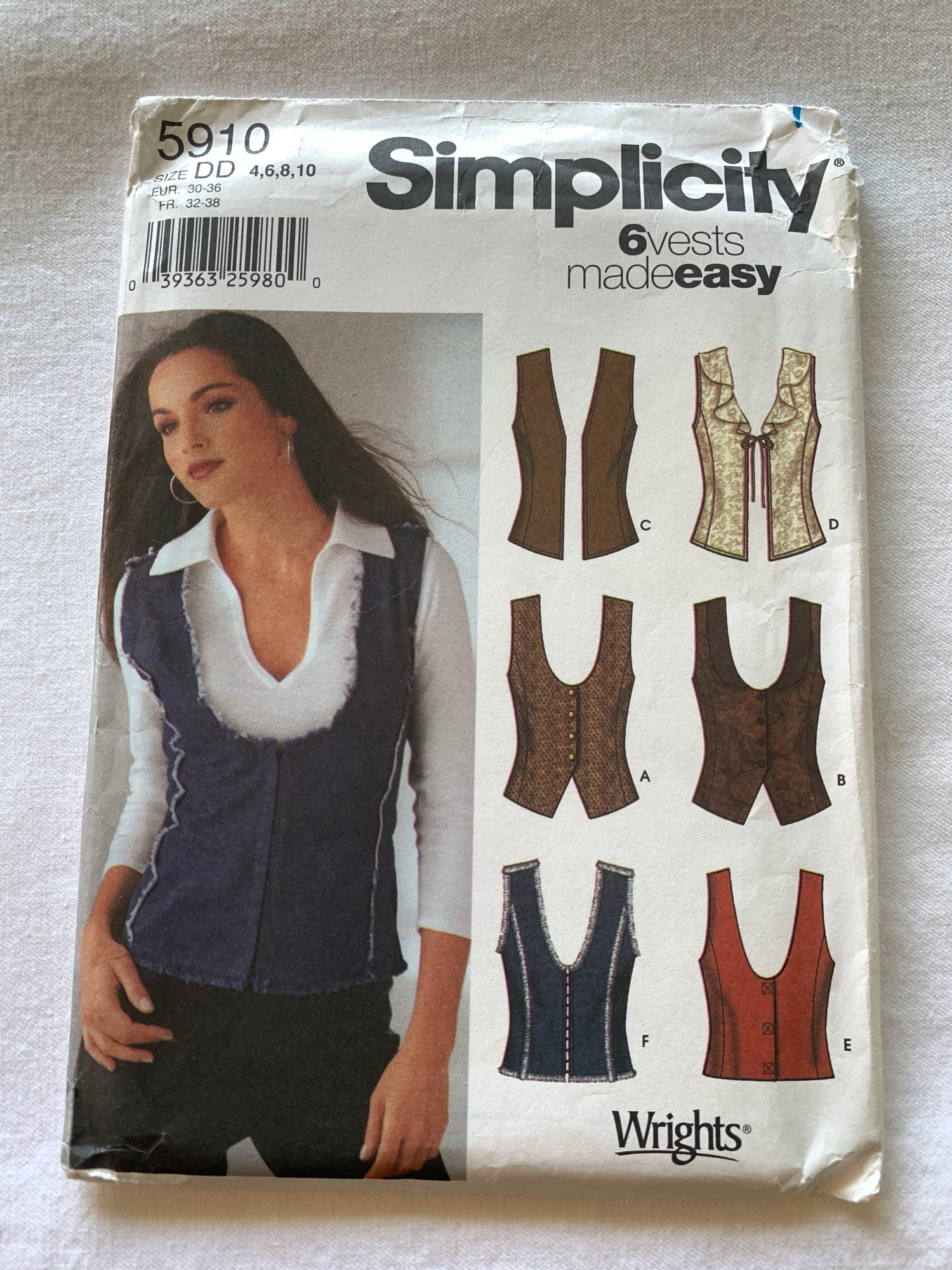Simplicity Sewing Pattern 5910 Misses' Vests, Sleeveless, Button Front, 6 Variations, Size 4-10, Uncut, Vintage 2002