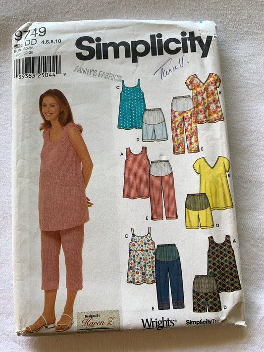 Simplicity Sewing Pattern 9749 Misses' Maternity Tops, Pants, Shorts, Elastic Waist, Zipper Back, Sleeveless, Size 4-10, Uncut, Vintage 2001