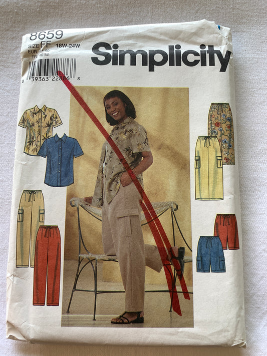 Simplicity New Look Sewing Pattern 8659 Misses' Pants, Tops, Skirt, Shorts, Short Sleeves, Pockets, Size 18W-24W, Uncut, Vintage 1999
