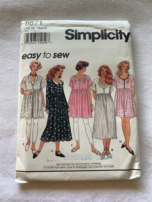 Simplicity Sewing Pattern 8871 Babydoll Misses' Dress, Long/Short Sleeves, Tie Back, Two Lengths, Size 6-16, Uncut, Vintage 2003