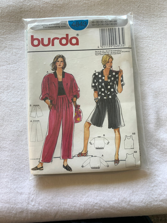 Burda Sewing Pattern 4843 Misses' Culottes Shorts, Top, Bermudas, Jacket, Zipper, Button Front, Size 10-20, Uncut, Vintage 2001