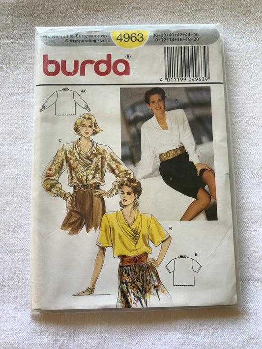 Burda Sewing Pattern 4963 Misses' Blouse, Loose-Fitting, Button Front, Collar, Long/Short Sleeves,  Size 10-20, Uncut, Vintage 2000