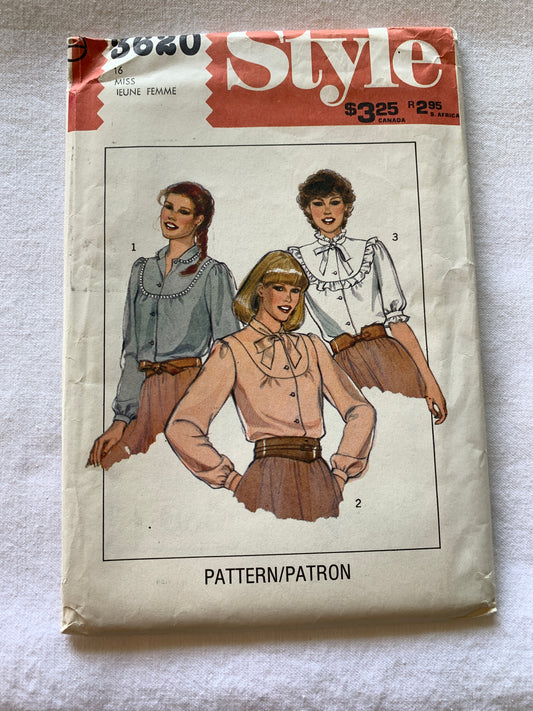 Style Sewing Pattern 3620 Misses' Tops, Blouses, Button Front, 3 Variations, Long/Short Sleeves, Collar, Size 16, Uncut, Vintage 1982