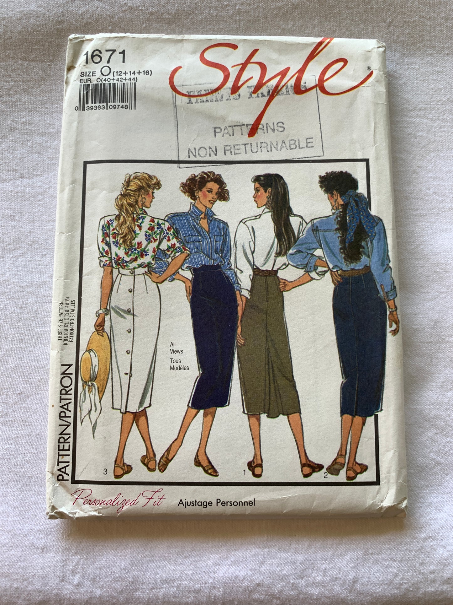 Style Sewing Pattern 1671 Misses' Skirt,4 Variations, Button Back, Pockets, Size 12-16, Uncut, Vintage 1988