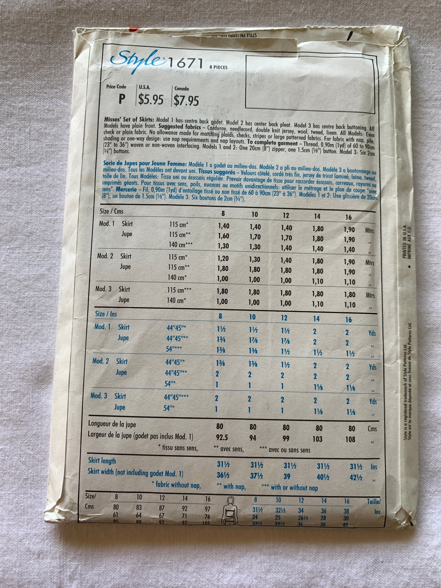 Style Sewing Pattern 1671 Misses' Skirt,4 Variations, Button Back, Pockets, Size 12-16, Uncut, Vintage 1988