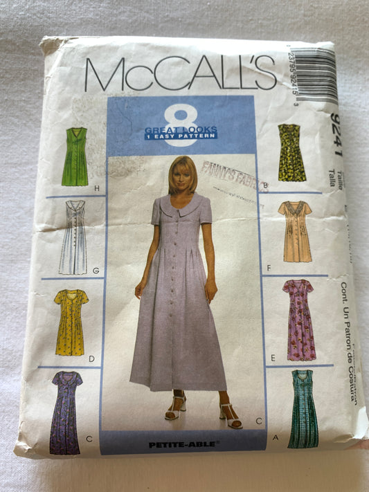 McCall's Sewing Pattern 9241 Misses' Dresses, 8 Variations, Short Sleeves, Two Lengths, Button Front, Sleeveless, Size 14-18, Cut, Vintage 1998