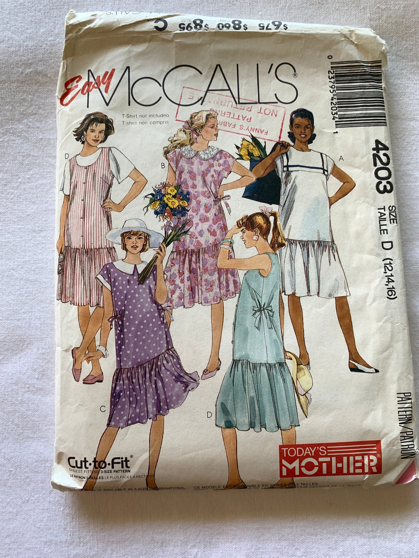 McCall's Sewing Pattern 4203, Misses' Maternity Dress, Jumper, Collar, 5 Variations, Gathered Skirt, Front Button, Size 12-16, Cut, Vintage 1989