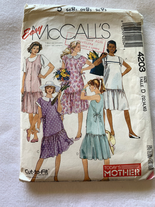 McCall's Sewing Pattern 4203, Misses' Maternity Dress, Jumper, Collar, 5 Variations, Gathered Skirt, Front Button, Size 12-16, Cut, Vintage 1989