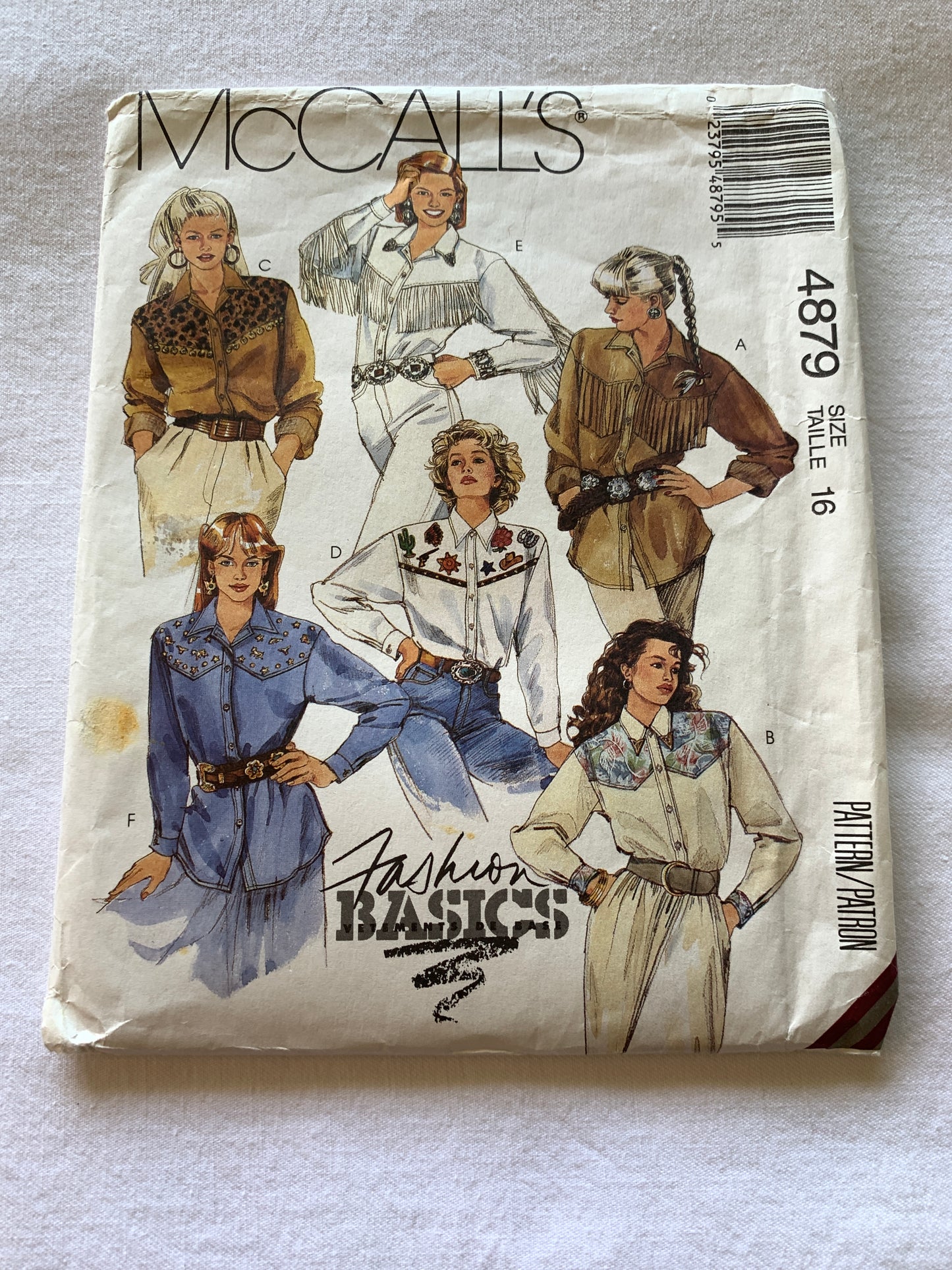 McCall's Sewing Pattern 4879 Misses' Western Blouse, Long Sleeves, Shirts, Button Front, Fringe, Collar, Pockets, Size 16, Cut, Vintage 1990