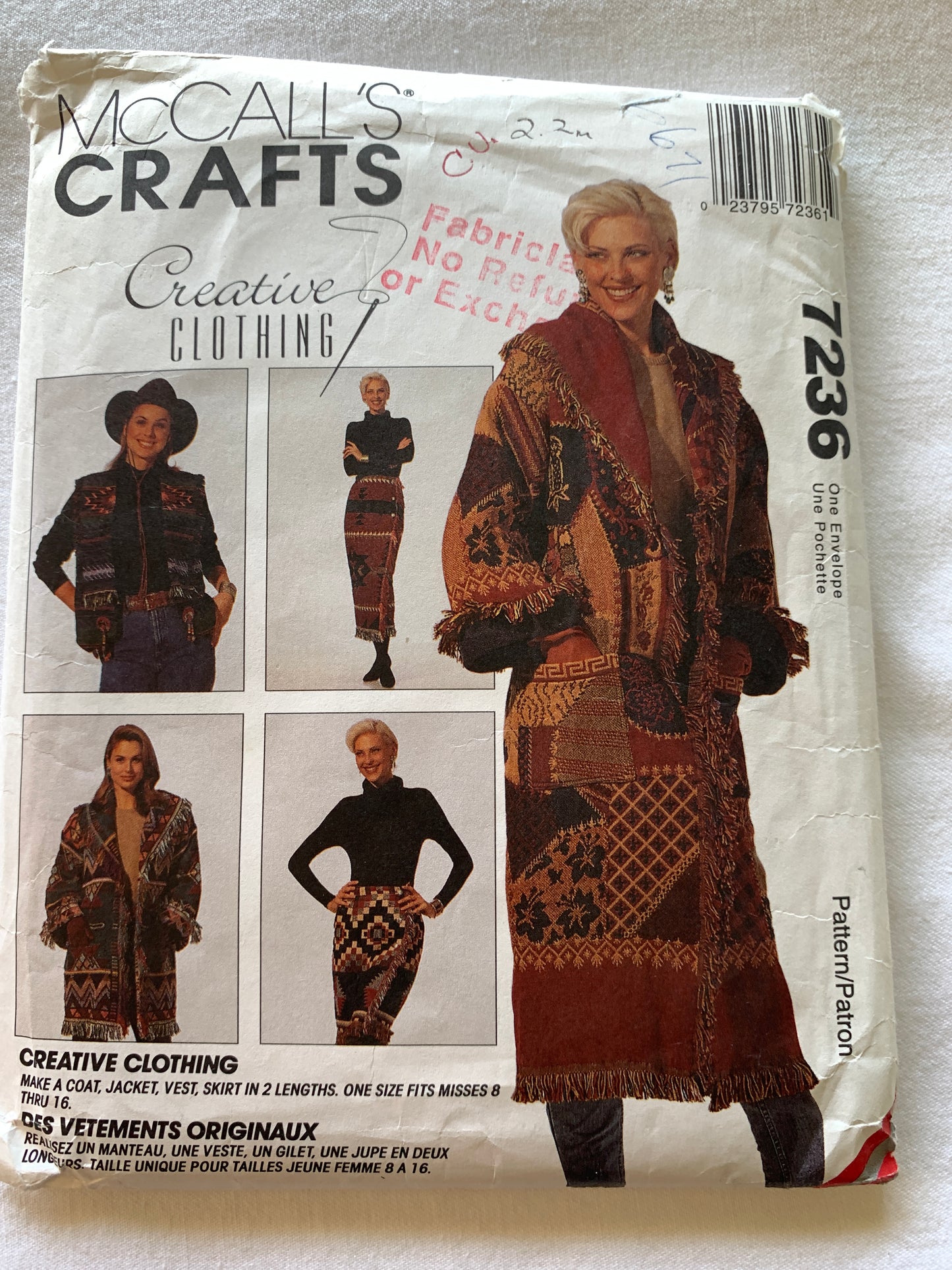 McCall's Sewing Pattern 7236 Misses' Afghan Coat, Lined Vest, Jacket, Wrap Skirt, Two Lengths, Pockets, Size 8-14, Cut, Vintage 1994