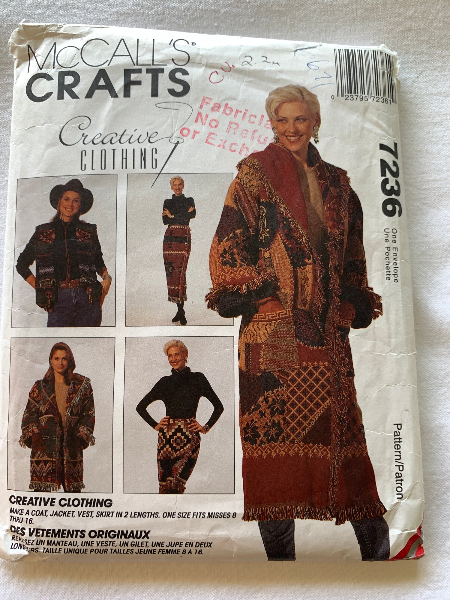 McCall's Sewing Pattern 7236 Misses' Afghan Coat, Lined Vest, Jacket, Wrap Skirt, Two Lengths, Pockets, Size 8-14, Cut, Vintage 1994
