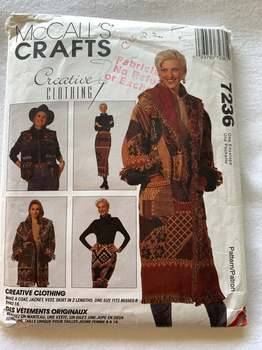 McCall's Sewing Pattern 7236 Misses' Afghan Coat, Lined Vest, Jacket, Wrap Skirt, Two Lengths, Pockets, Size 8-14, Cut, Vintage 1994