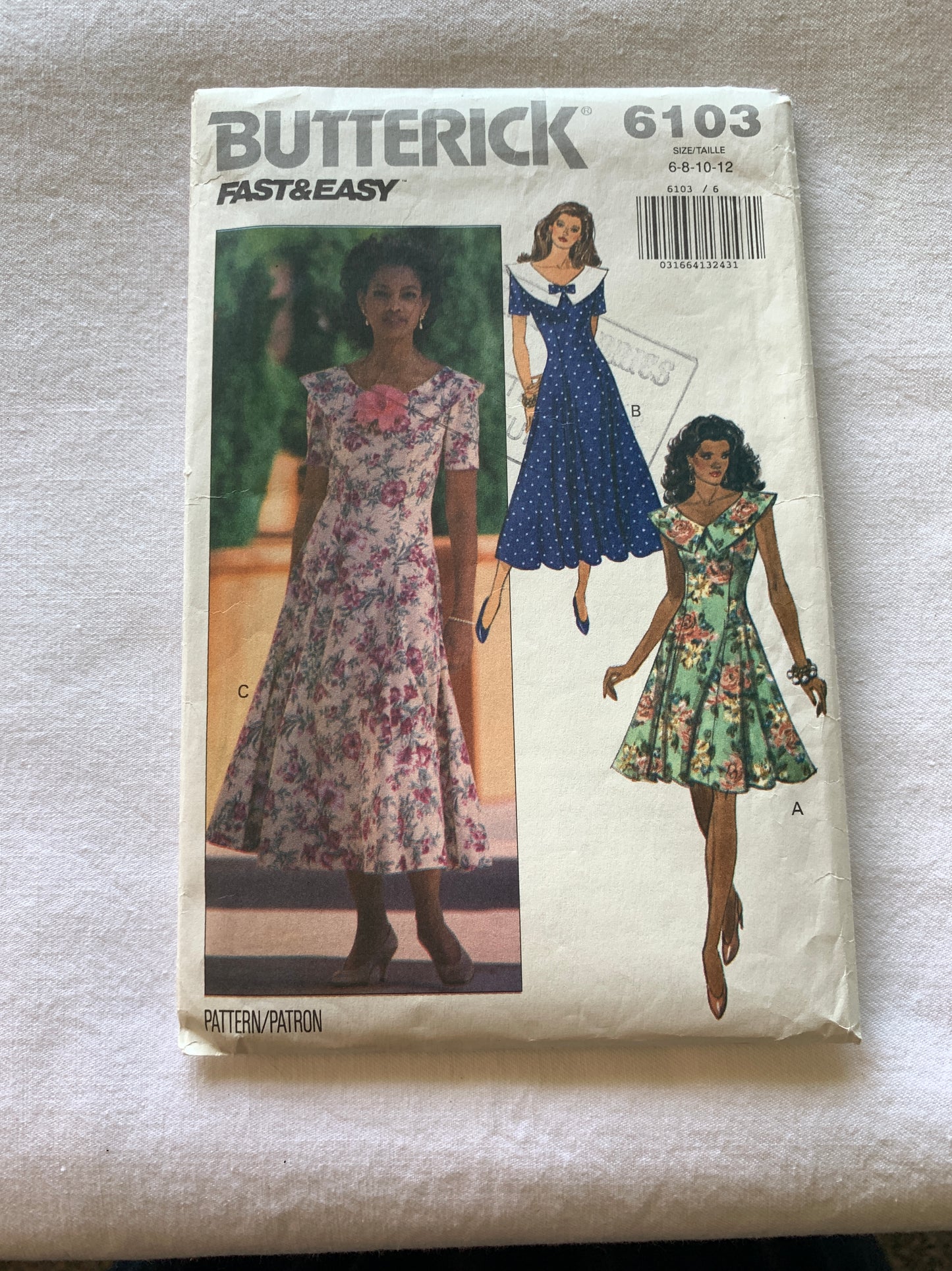 Butterick Sewing Pattern 6103 Misses' Dress, Two Lengths, Fitted, Zipper, Back, Princess Seams, Collar, Elbow Sleeves, Size 6-12, Cut, Vintage 1992