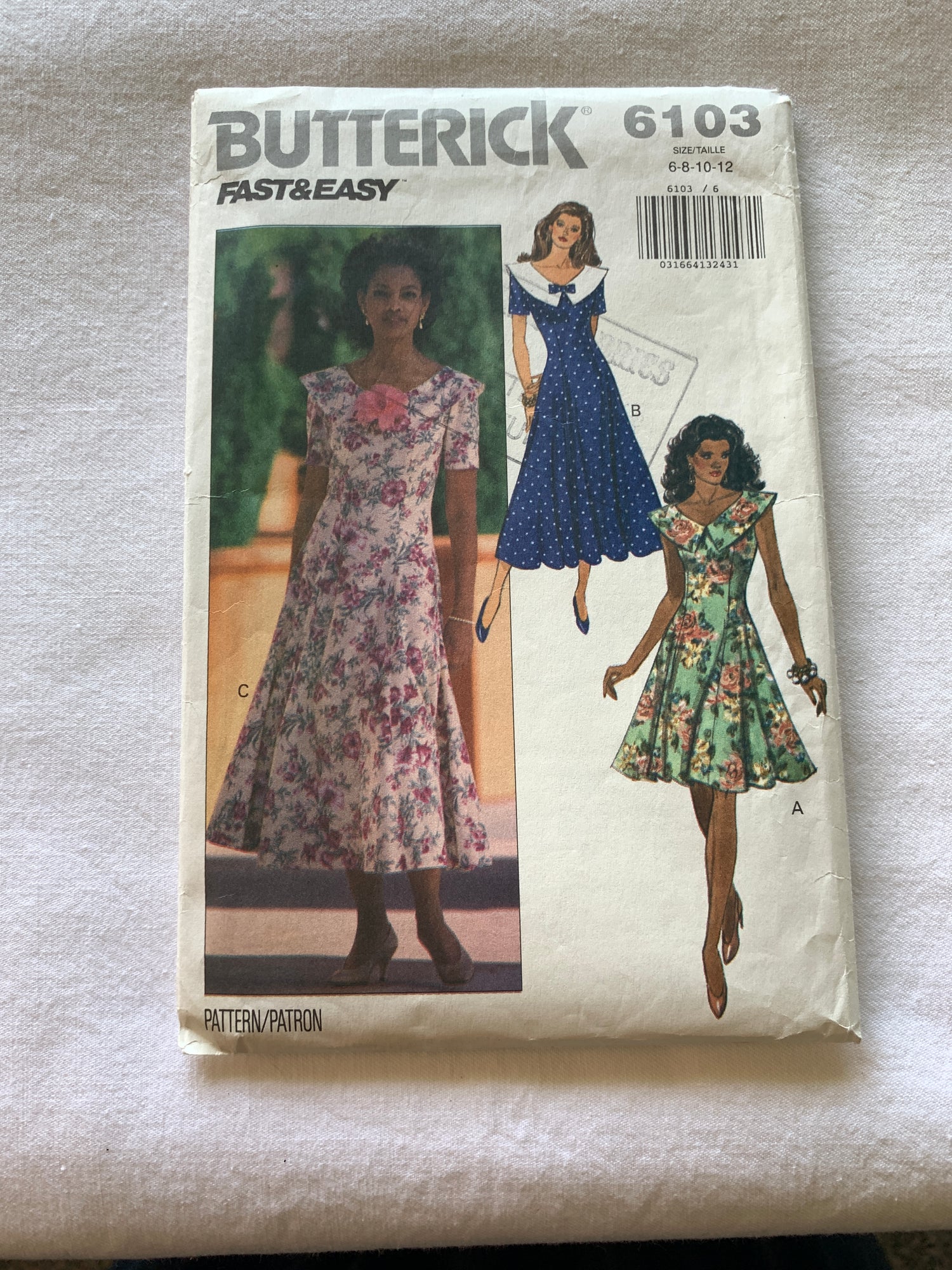 Butterick Sewing Pattern 6103 Misses' Dress, Two Lengths, Fitted, Zipper, Back, Princess Seams, Collar, Elbow Sleeves, Size 6-12, Cut, Vintage 1992