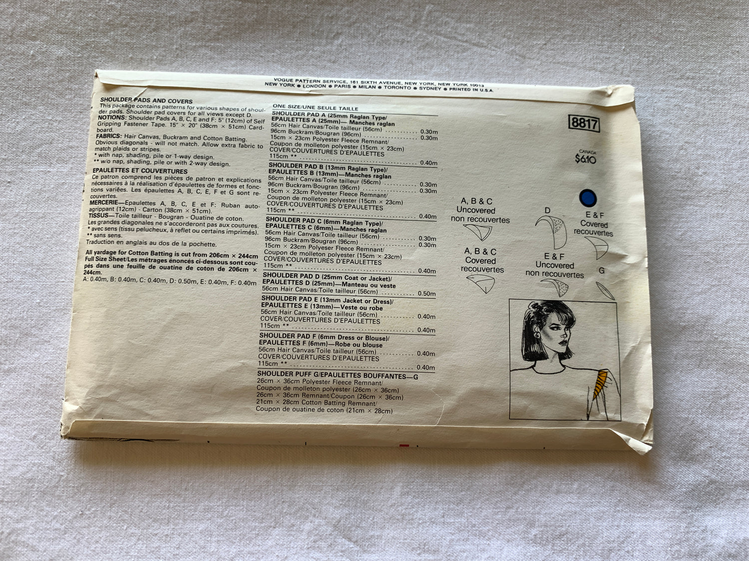 Vogue Sewing Pattern 8817 Misses' Shoulder Pads And Covers, One Size, Cut, Vintage 1996