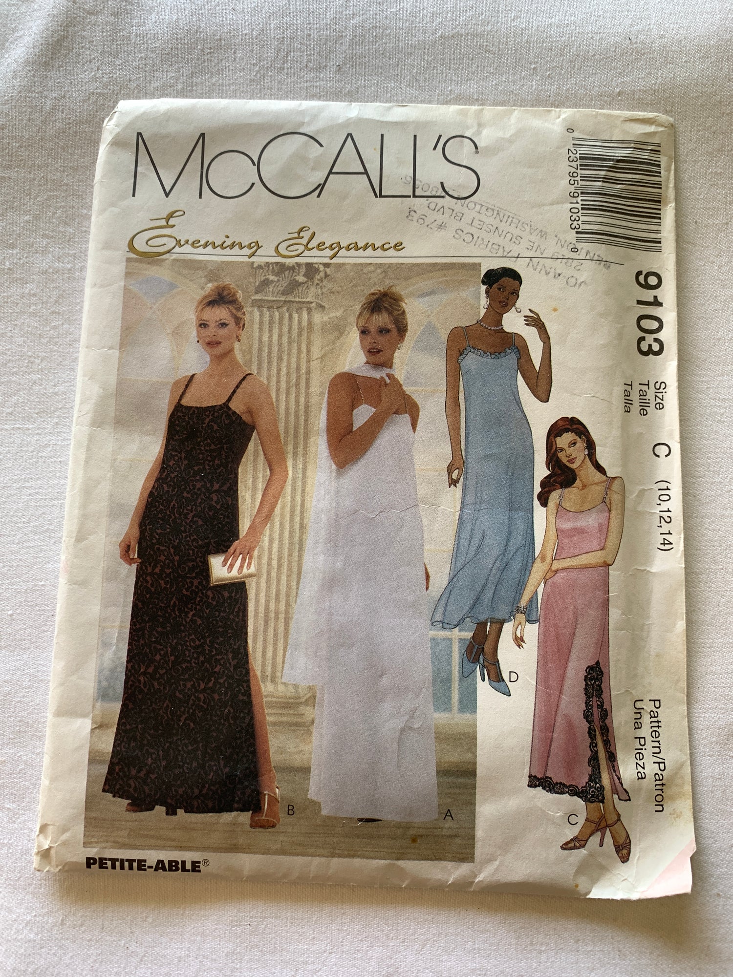McCall's Sewing Pattern Evening Elegance 9103 Misses' Lined Gown, Two Length, Zipper Back, Sleeveless, Scarf, Size 10-14, Uncut, Vintage 1997