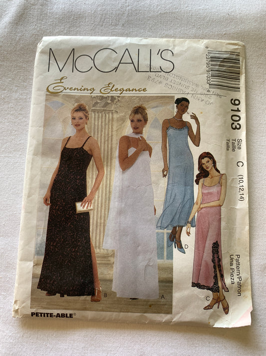 McCall's Sewing Pattern Evening Elegance 9103 Misses' Lined Gown, Two Length, Zipper Back, Sleeveless, Scarf, Size 10-14, Uncut, Vintage 1997