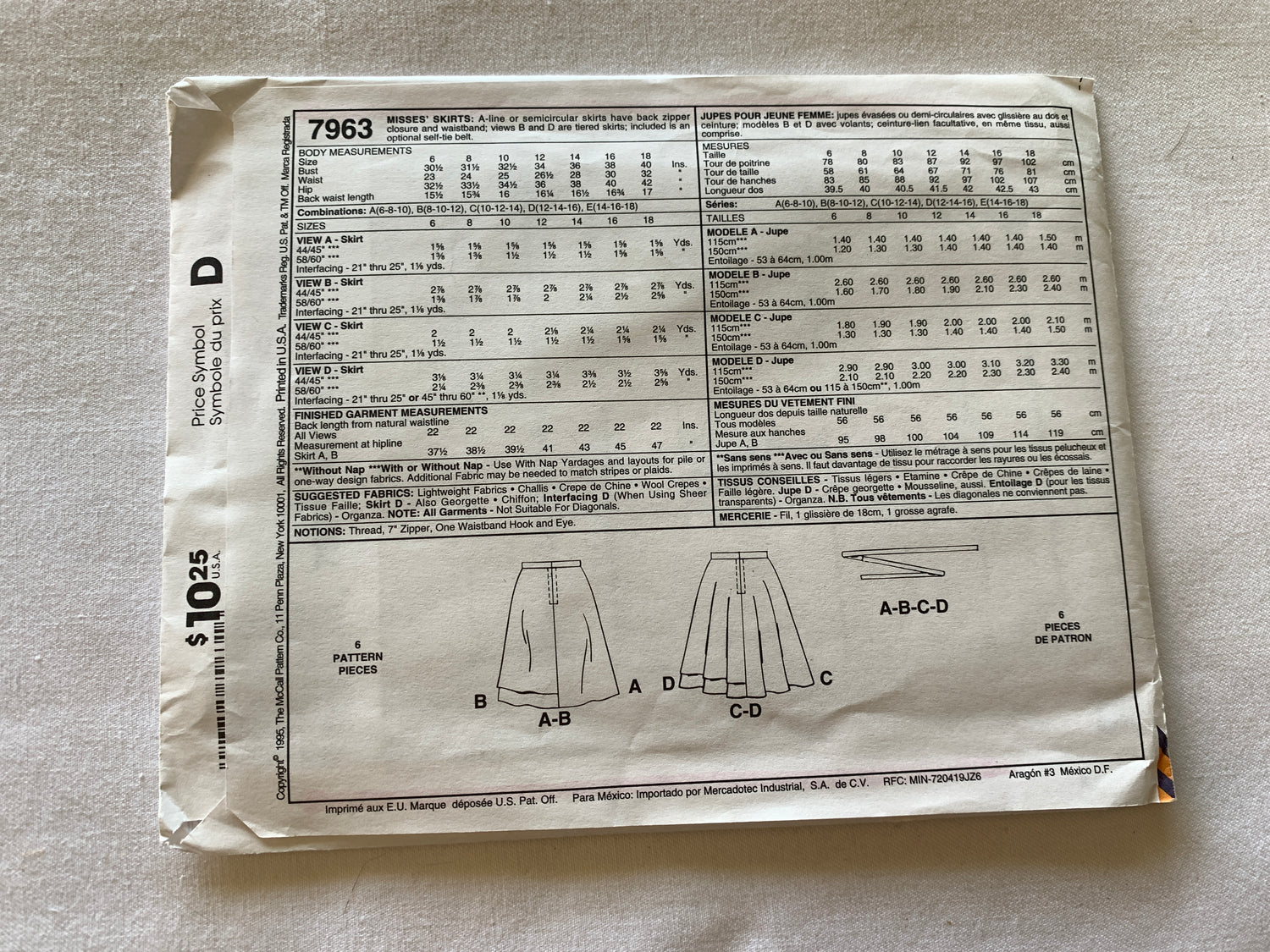 McCall's Sewing Pattern 3819 Misses' Skirt, 4 Variations, Zipper Back, Semicircular, Size 6-10, Uncut, Vintage 1995