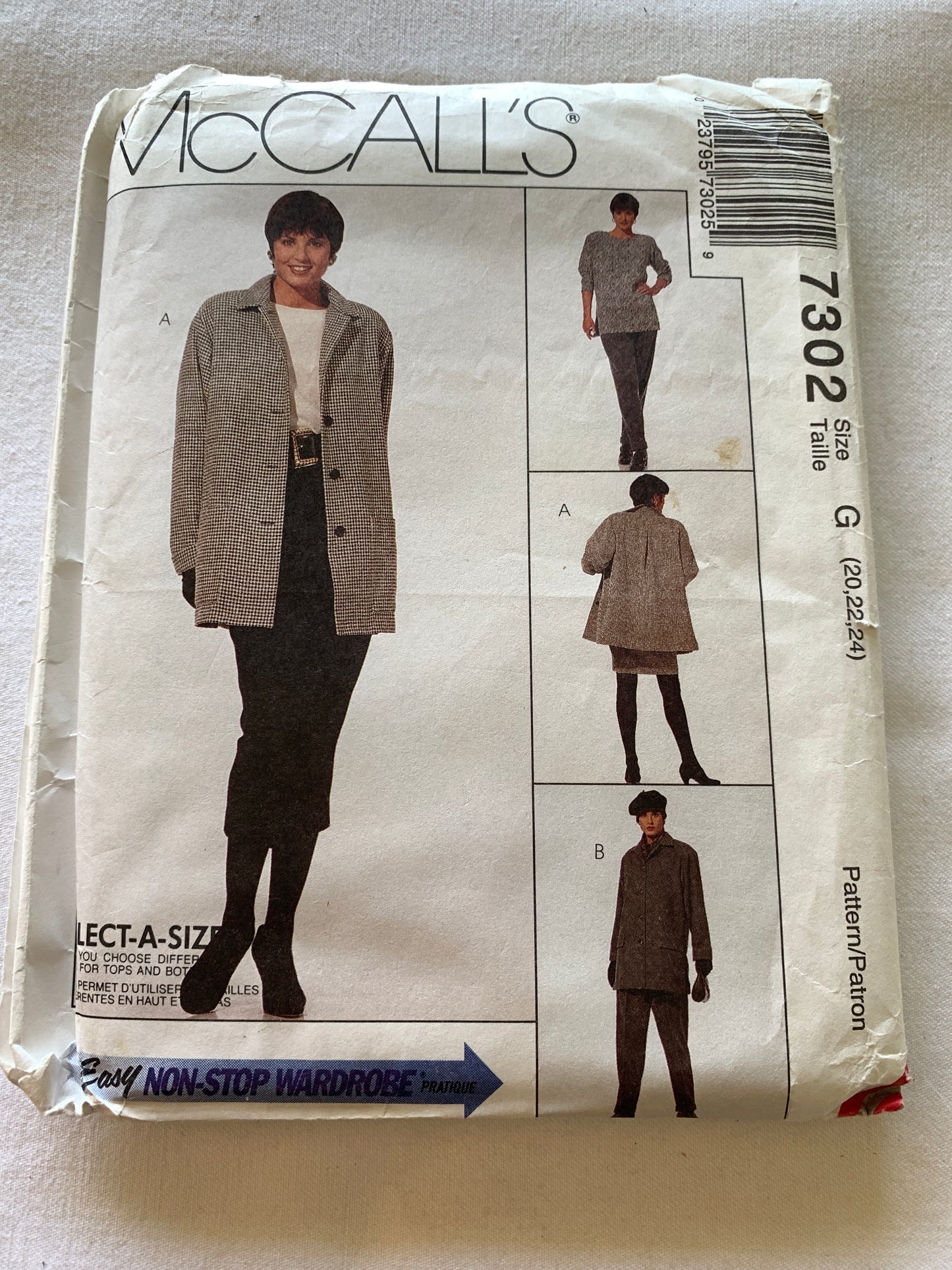 McCall's Sewing Pattern 7302 Misses' Unlined Jacket, Tunic, Pull-On Pants, Skirt, Elastic Waist, Button Front,  Size 20-24, Uncut, Vintage 1994
