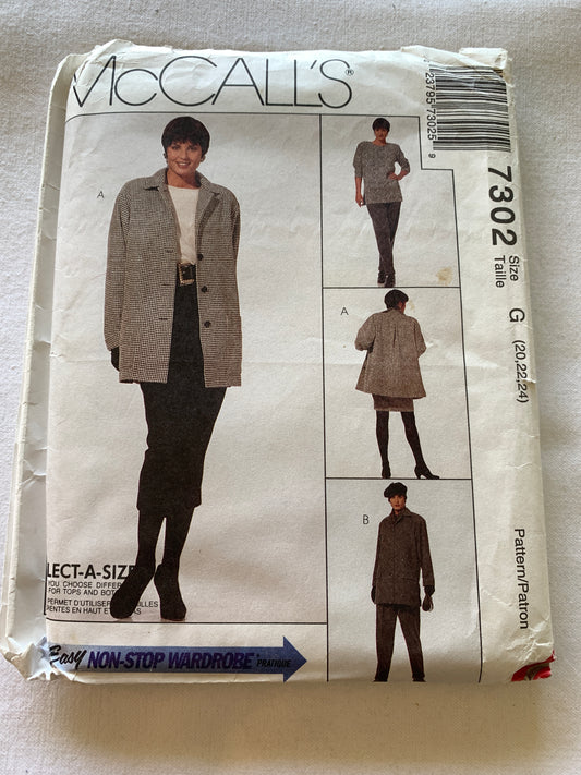 McCall's Sewing Pattern 7302 Misses' Unlined Jacket, Tunic, Pull-On Pants, Skirt, Elastic Waist, Button Front,  Size 20-24, Uncut, Vintage 1994