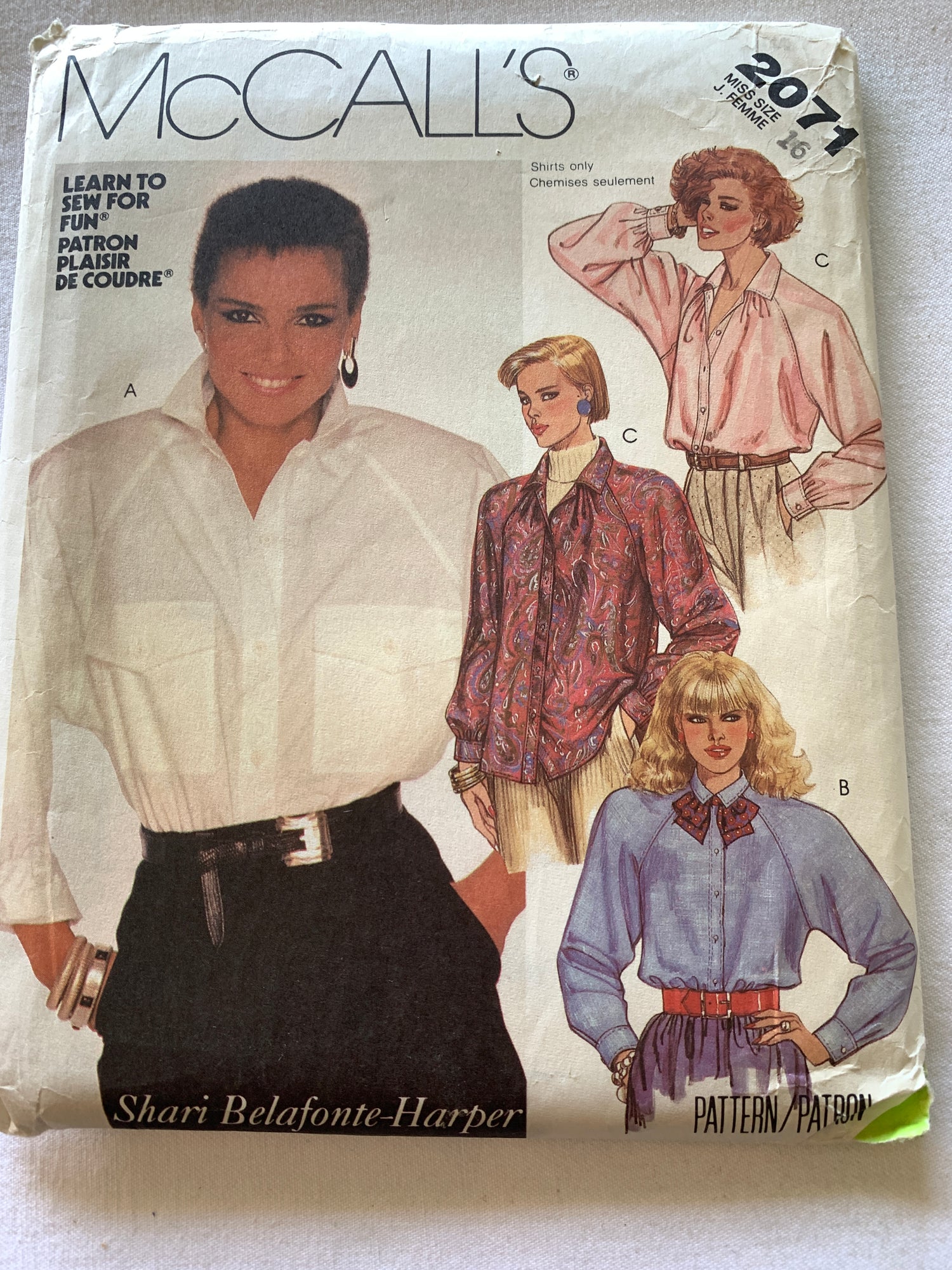 McCall's Sewing Pattern 2071 Misses' Shirts Long Sleeves, Pocket, Button Front, Size 16, Uncut, Vintage 1985