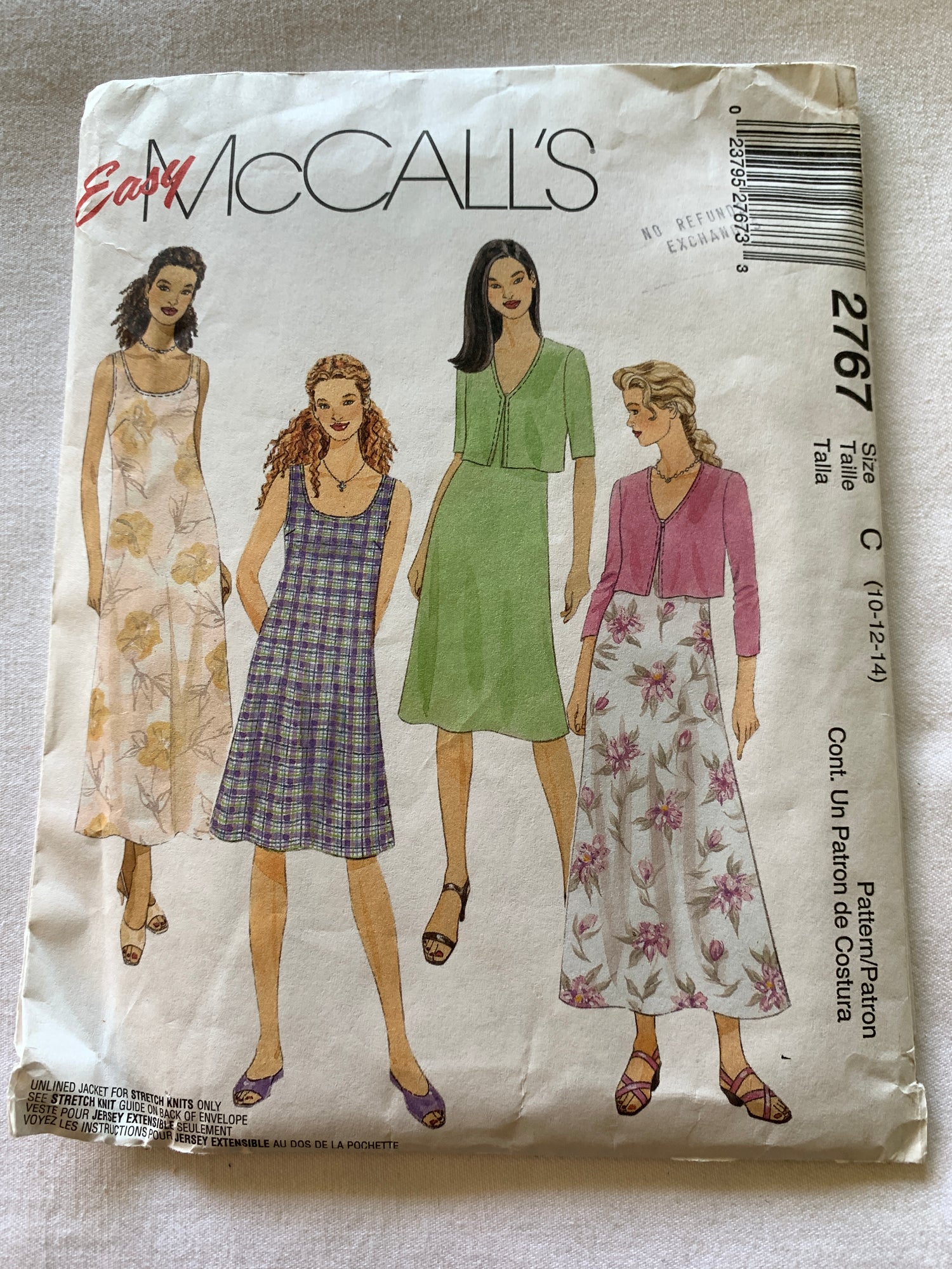 McCall's Sewing Pattern 2767 Misses'/Miss Petite Unlined Jacket, Sleeveless Dress, Two Lengths, Pullover, Size 10-14, Uncut, Vintage 2000