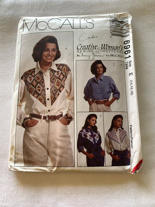 McCall's Sewing Pattern Nancy Zieman 6961 Misses' Shirts, Long Sleeves, Button Front, Collar, 4 Variations, Size 14-18, Uncut, Vintage 1994