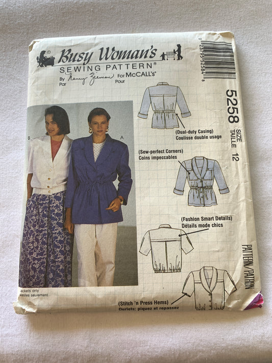 McCall's Sewing Pattern Nancy Zieman 5258 Misses' Unlined Jacket, Long/Short Sleeves, 2 Variations, Size 12, Uncut, Vintage 1991