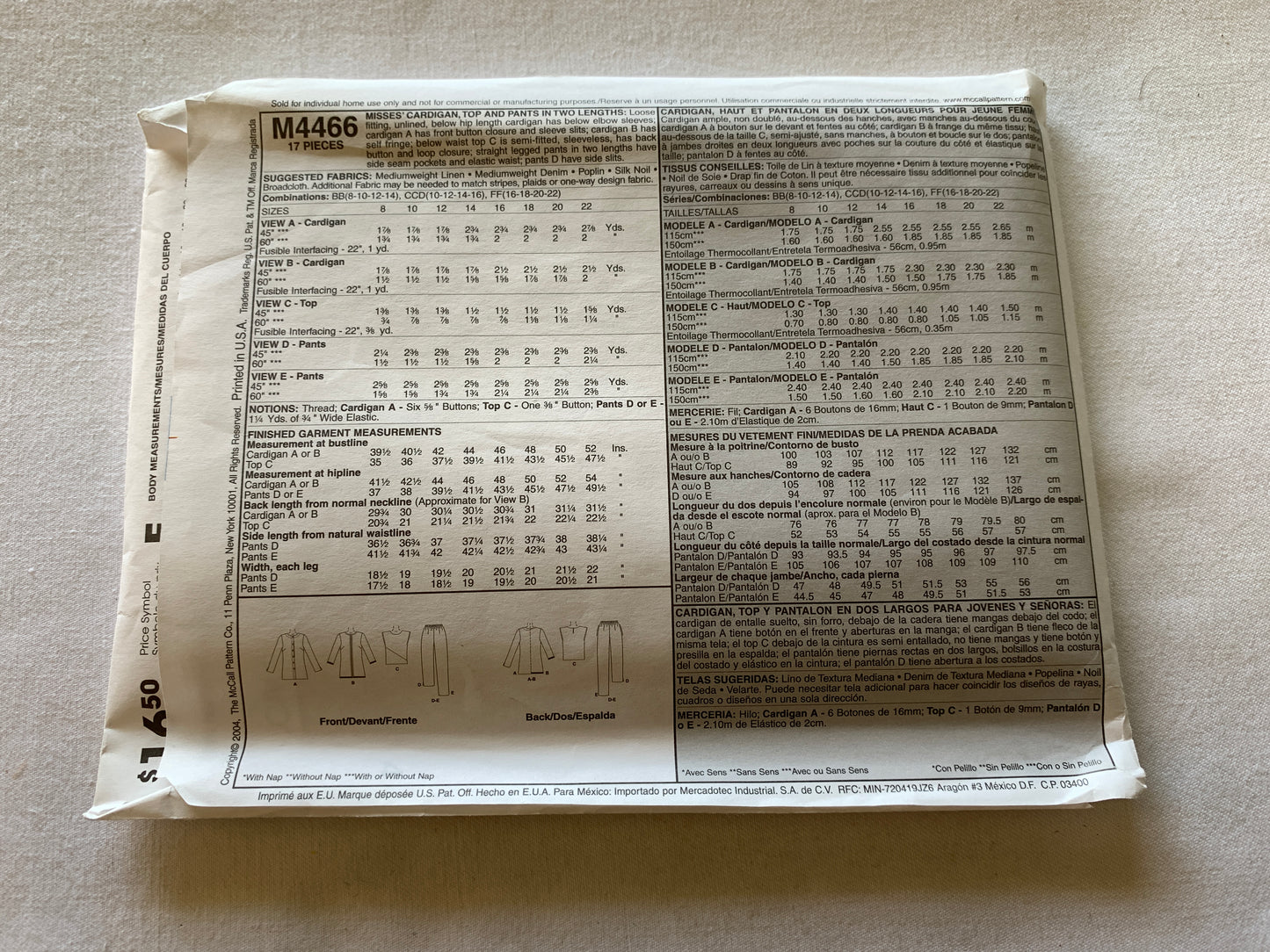 McCall's Sewing Pattern M4466 Misses' Cardigan, Top, Pants, Two Lengths, Loose-Fitting, Button Front, Sleeve Variations, Size 16-22, Uncut, Vintage 2004