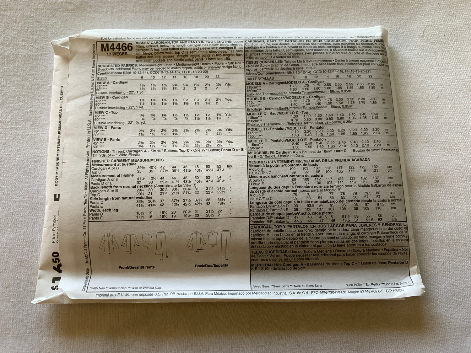 McCall's Sewing Pattern M4466 Misses' Cardigan, Top, Pants, Two Lengths, Loose-Fitting, Button Front, Sleeve Variations, Size 16-22, Uncut, Vintage 2004