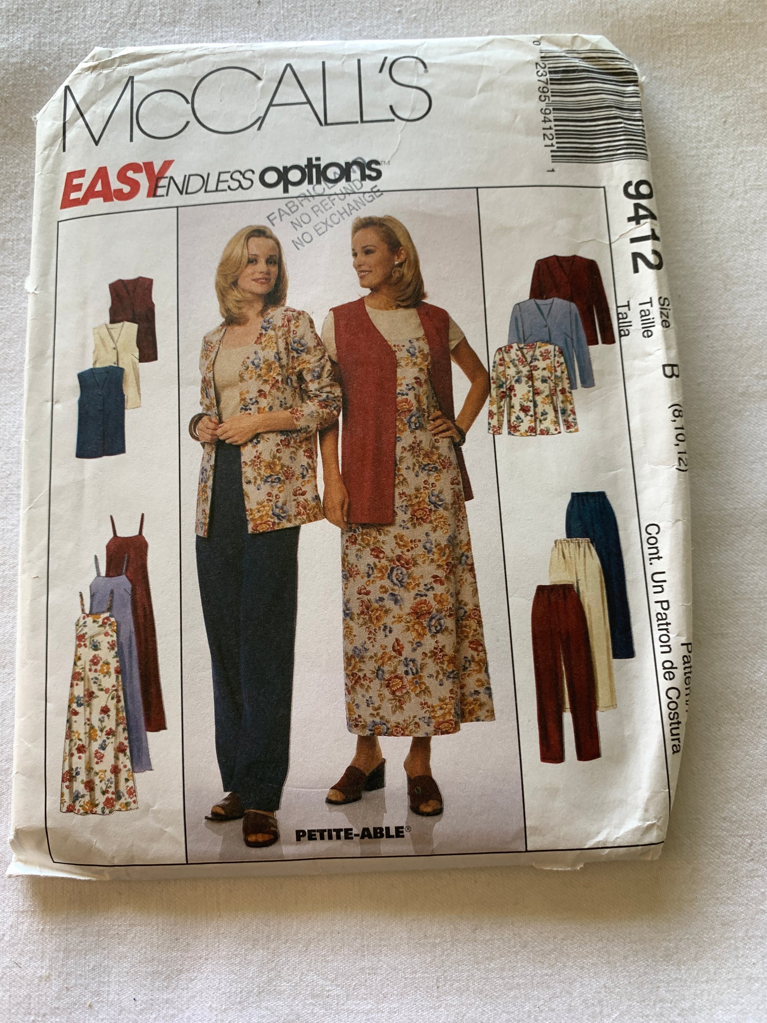 McCall's Sewing Pattern 9412 Misses' Cardigan, Vest, Slipdress, Pants, Elastic Waist, Zipper Back, Size 8-12, Uncut, Vintage 1998