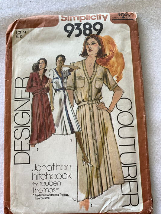 Simplicity Sewing Pattern 9389 Misses' Dress, Long/Short Sleeves, Front Button, Pockets, Size 14, Uncut, Vintage 1980