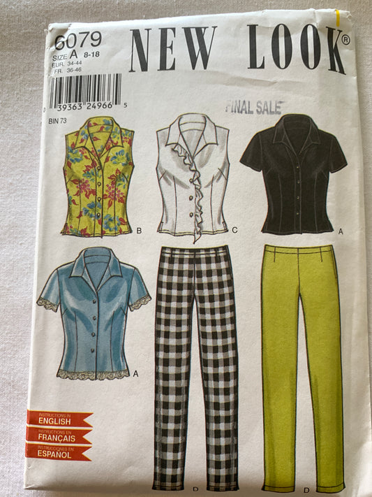 Simplicity New Look Sewing Pattern 6079 Misses' Tos, Pants, Short Sleeves, Sleeveless, Button Front, Size 8-18, Uncut, Vintage 1999