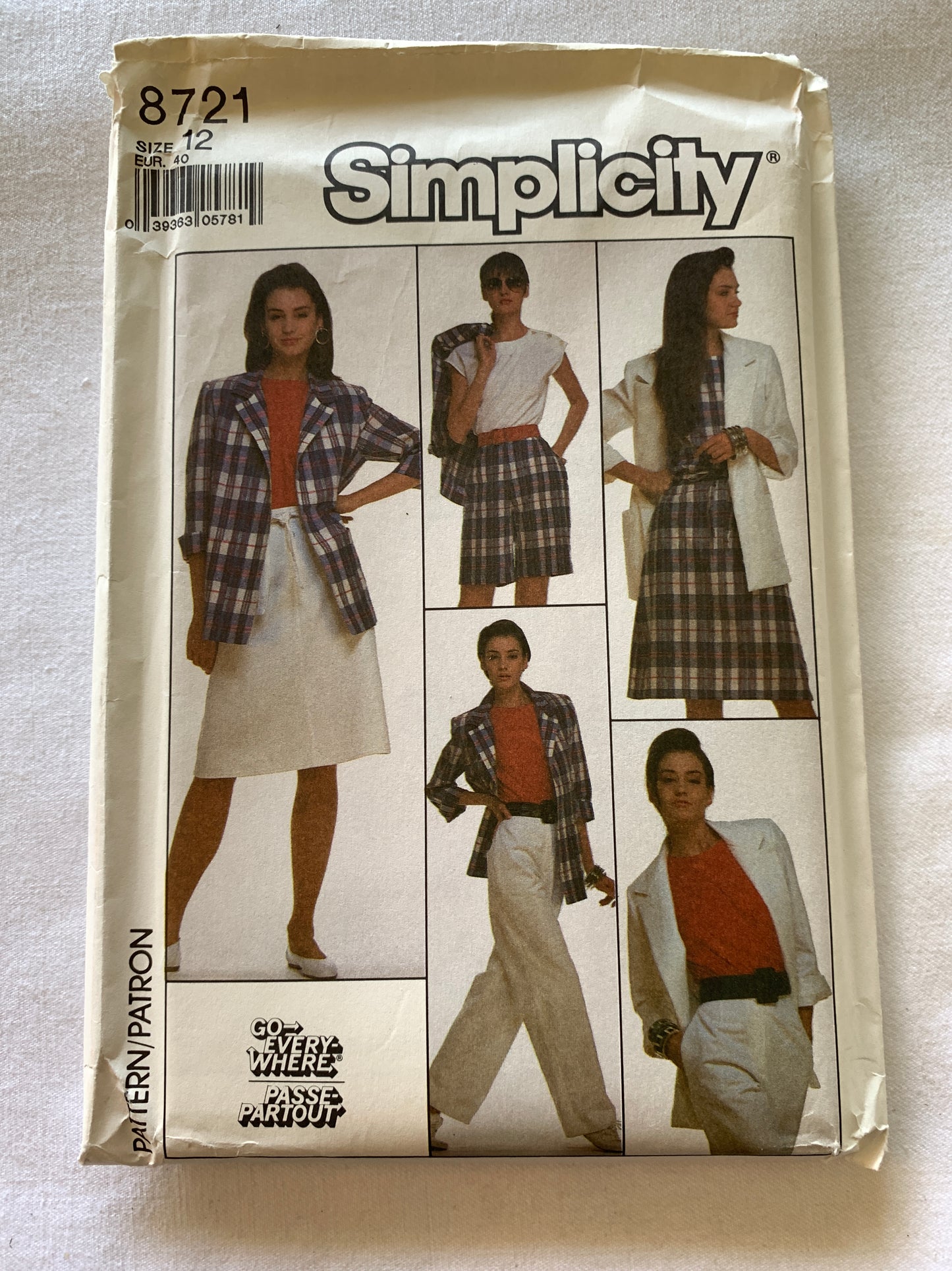 Simplicity Sewing Pattern 8721 Misses' Unlined Jacket, Top, Pants, Wrap Skirt, Zipper Back, Size 12, Uncut, Vintage 1996