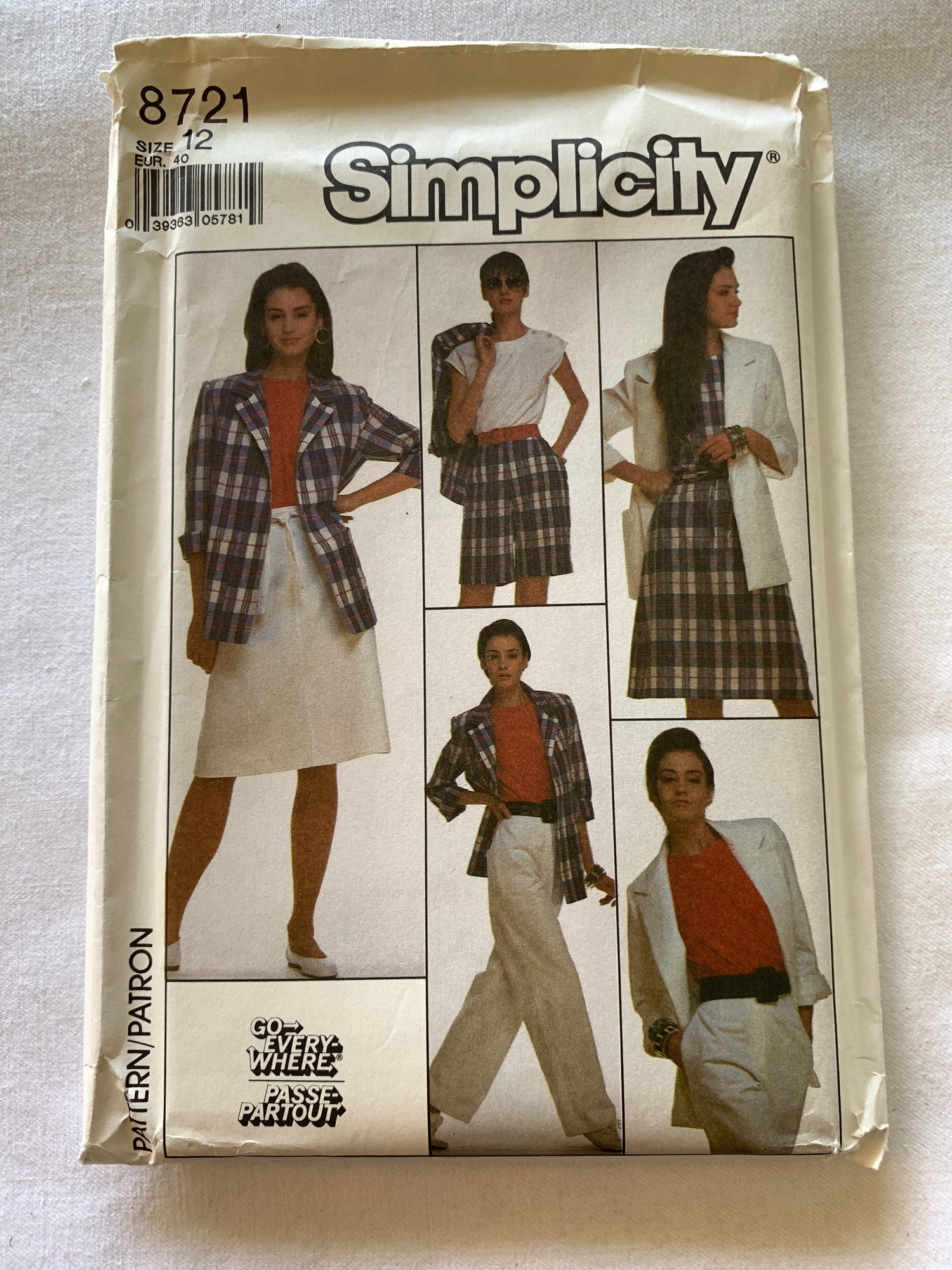 Simplicity Sewing Pattern 8721 Misses' Unlined Jacket, Top, Pants, Wrap Skirt, Zipper Back, Size 12, Uncut, Vintage 1996