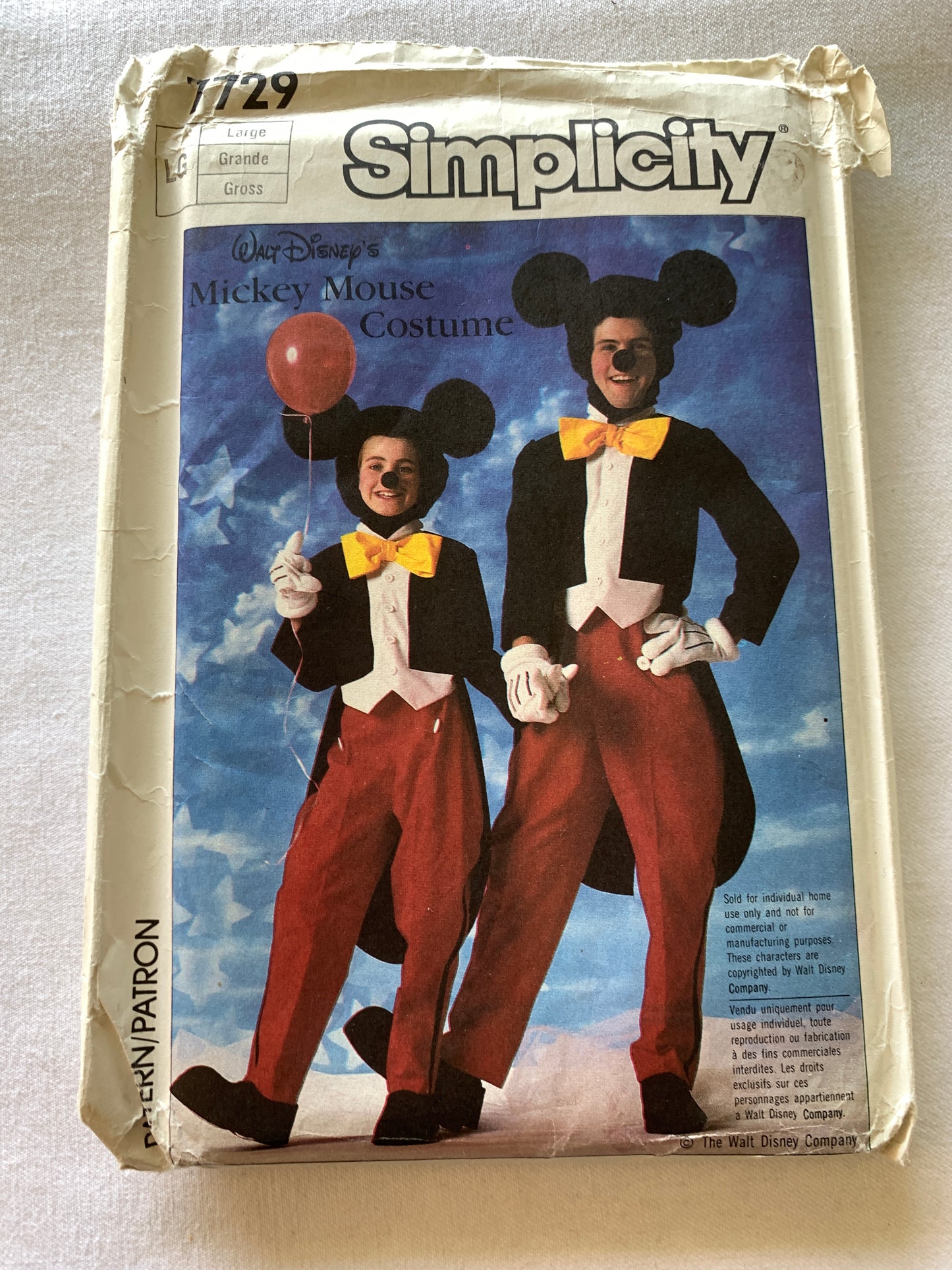 Simplicity Sewing Pattern 7729 Adult/Boys/Girls Costumes, Halloween, Mickey Mouse,Top, Pants, Dress, Jacket, Shoes, Hands, Head, Size 40-42, Uncut, Vintage 1986