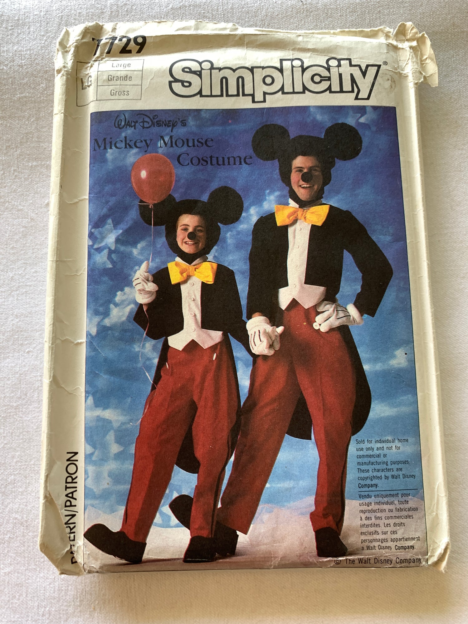 Simplicity Sewing Pattern 7729 Adult/Boys/Girls Costumes, Halloween, Mickey Mouse,Top, Pants, Dress, Jacket, Shoes, Hands, Head, Size 40-42, Uncut, Vintage 1986