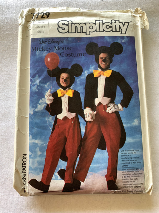 Simplicity Sewing Pattern 7729 Adult/Boys/Girls Costumes, Halloween, Mickey Mouse,Top, Pants, Dress, Jacket, Shoes, Hands, Head, Size 40-42, Uncut, Vintage 1986