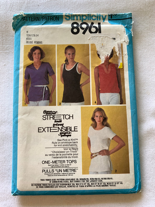 Simplicity Sewing Pattern 8961 Misses' Top, Sleeveless, Pullover, Neckline Variations, 4 Variations, Size 10-14, Uncut, Vintage 1979