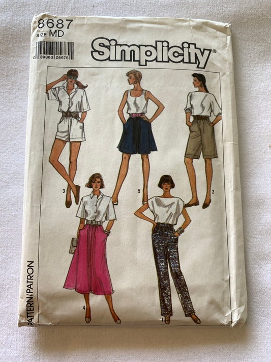 Simplicity Sewing Pattern 8687 Misses' Skirts, Pants, Shorts, Skirt, Size 14-16, Uncut, Vintage 1988