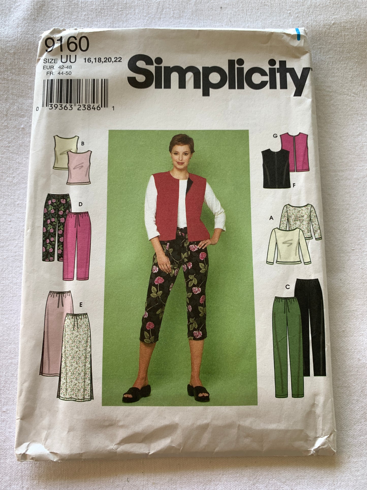 Simplicity Sewing Pattern 9160 Misses' Vest, Skirt, Pants, Knit Top, Front Zipper, Size 16-22, Uncut, Vintage 2000