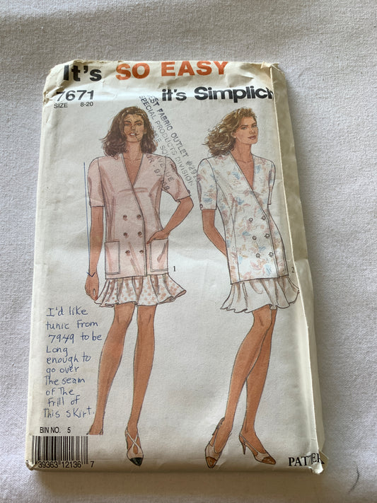 Simplicity Sewing Pattern 7671 Misses' Jacket, Skirt, Button Front, Short Sleeves, Double breasted, Size 8-20, Uncut, Vintage 1991