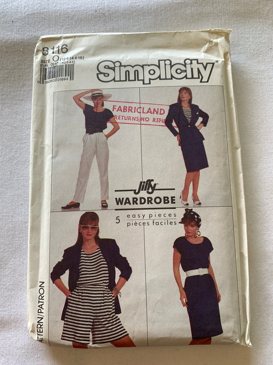 Simplicity Sewing Pattern 8116 Misses' Unlined Jacket, Skirt, Pants, Shorts, Loose-Fitting, Kimono Sleeves, Size 12-16, Uncut, Vintage 1987
