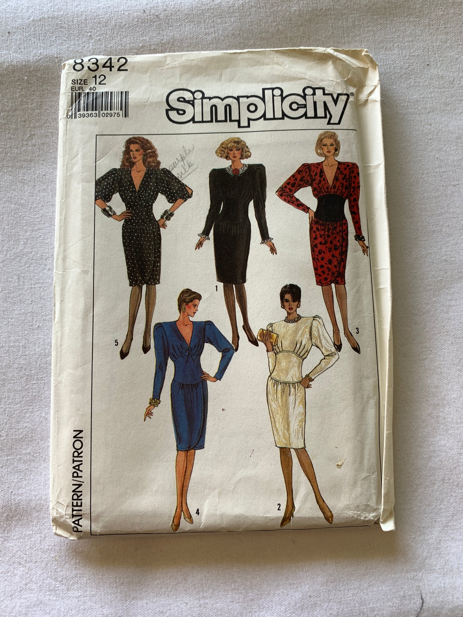Simplicity Sewing Pattern 8342 Misses' Dresses, Zipper Back, Long Sleeves, Size 12, Uncut, Vintage 1987